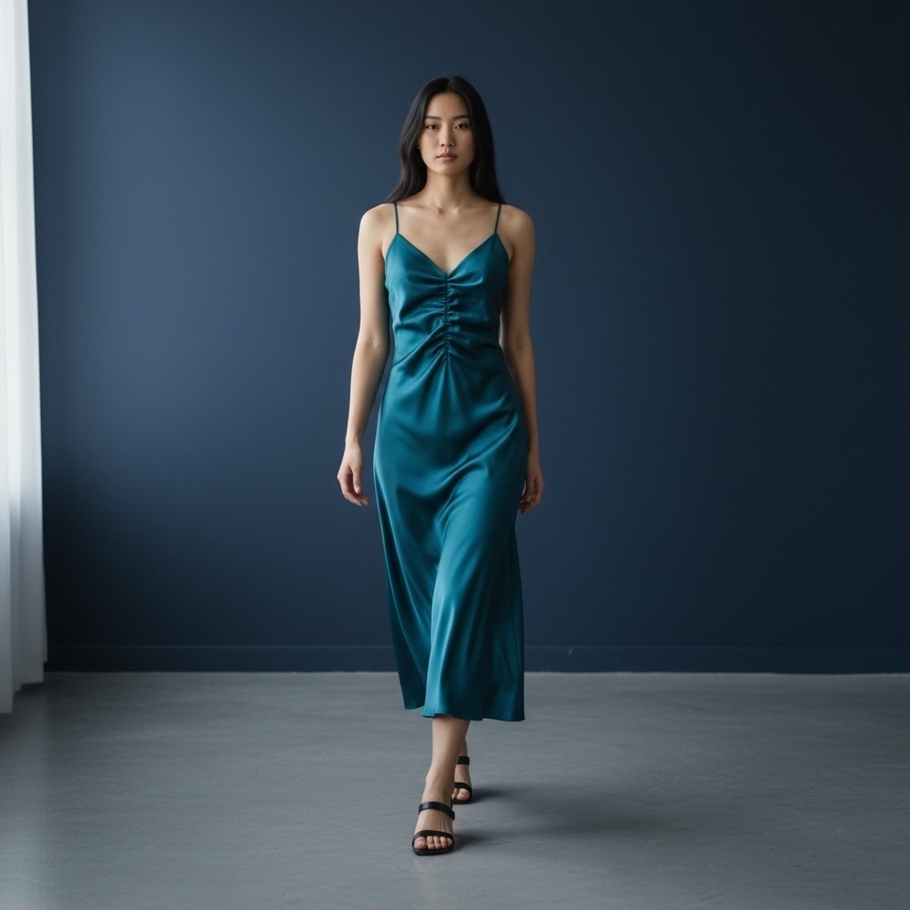 Jason Wu Satin Halter Strappy Rushed Deep V MIDI Dress. Teal. Size L. #620 NWOT